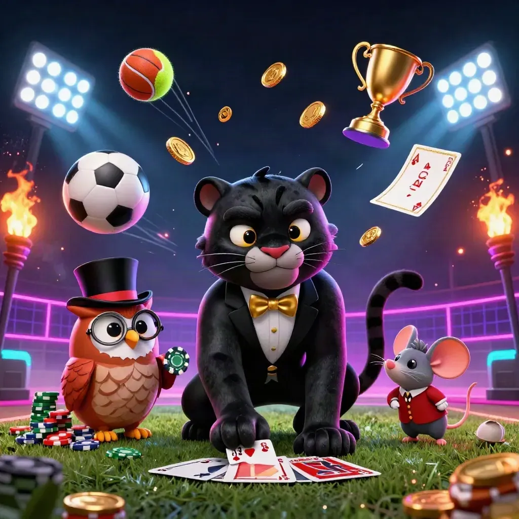 Cartoon panther, owl, and mouse amid flying sports balls, chips, and neon casino lights.