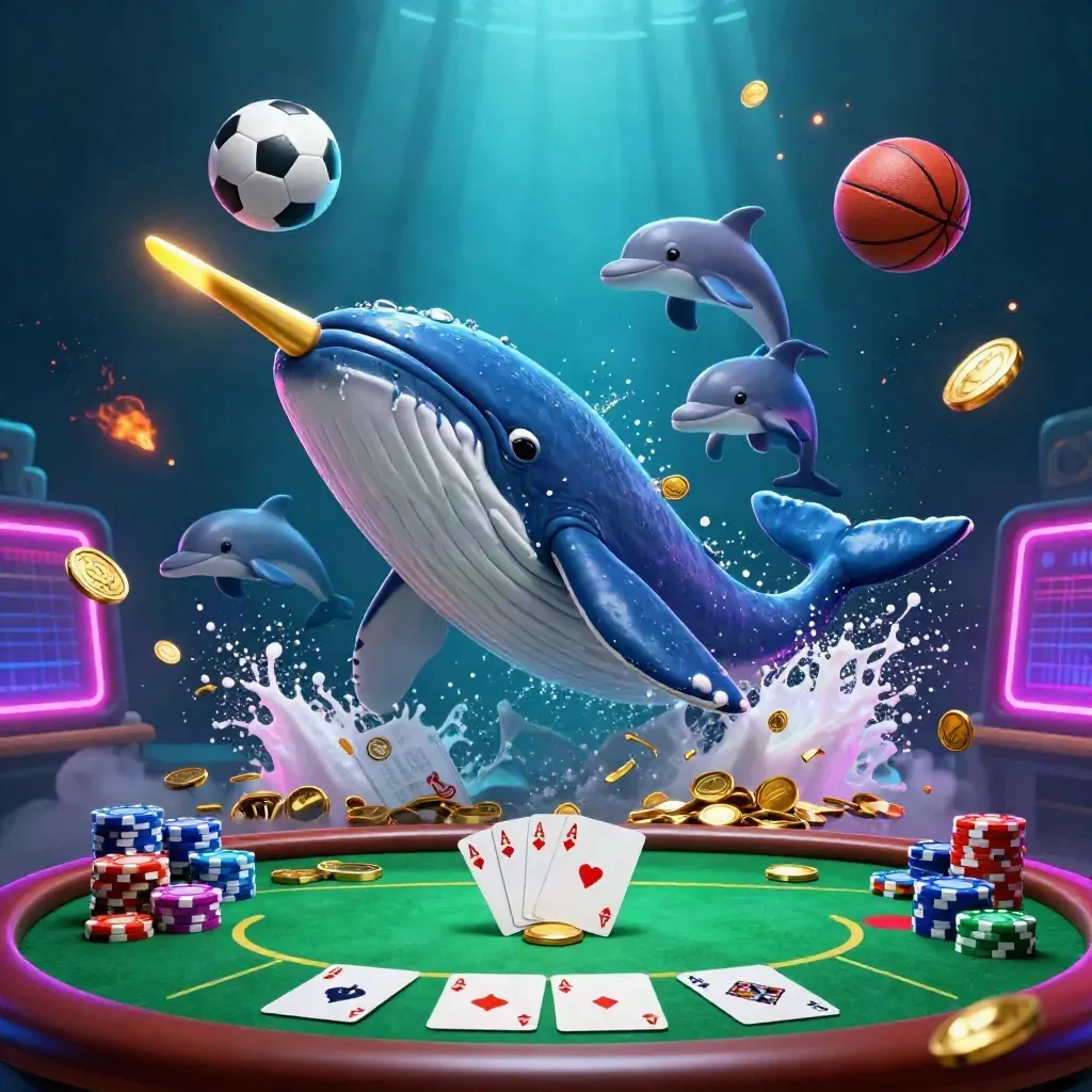 Whale captain, narwhal, and dolphins burst through coins with casino chips and sports balls underwater.