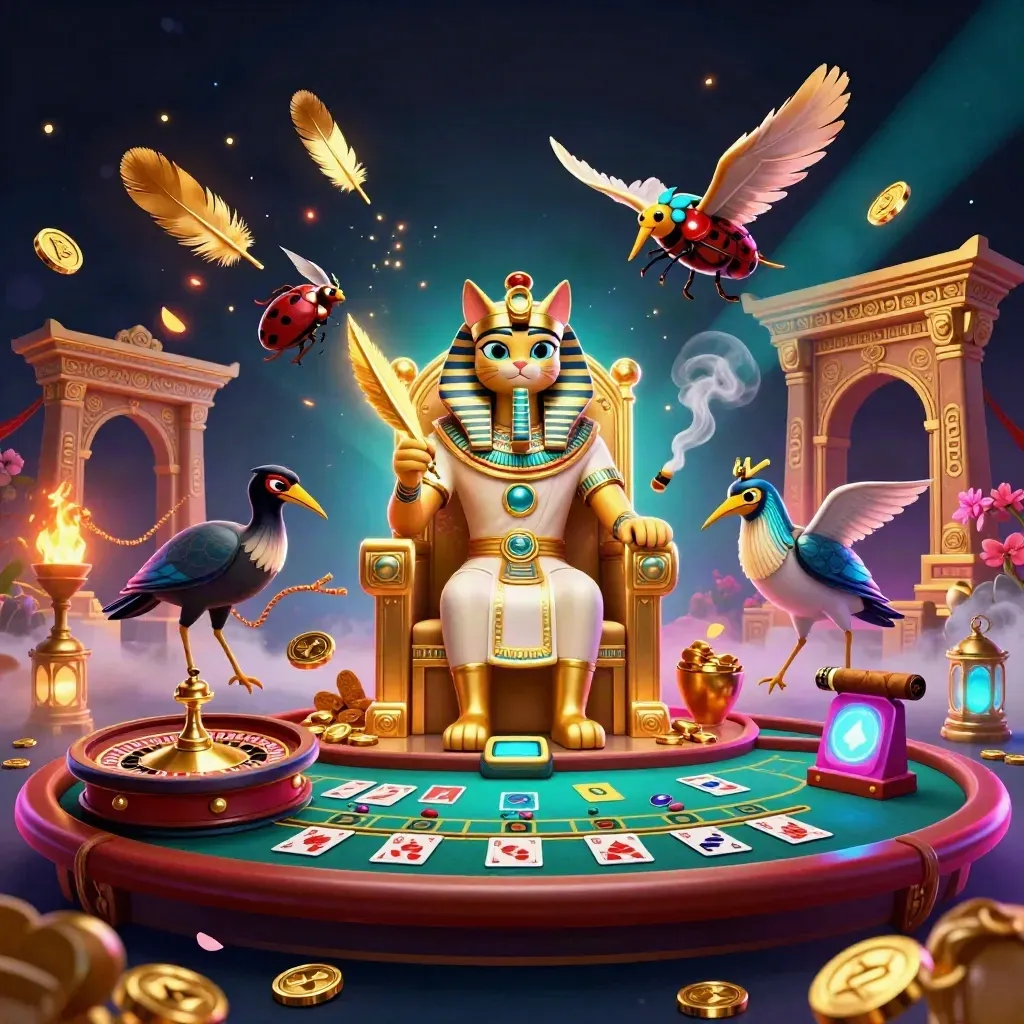 Pharaoh cat, ibis scribe, and gem-winged scarabs in a neon casino fantasy.