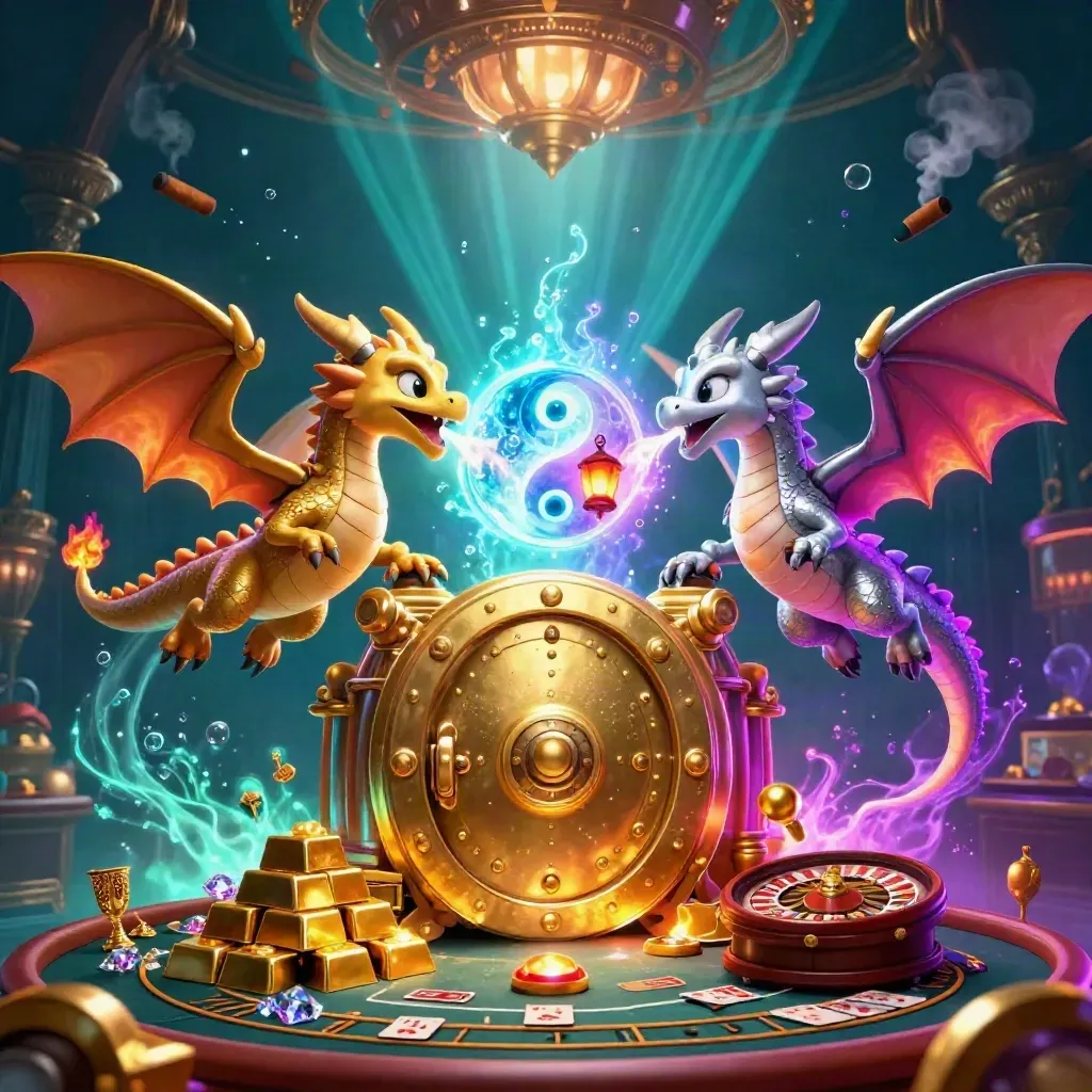 Gold and silver dragons swirl through a neon casino vault with treasure, cards, and glowing light