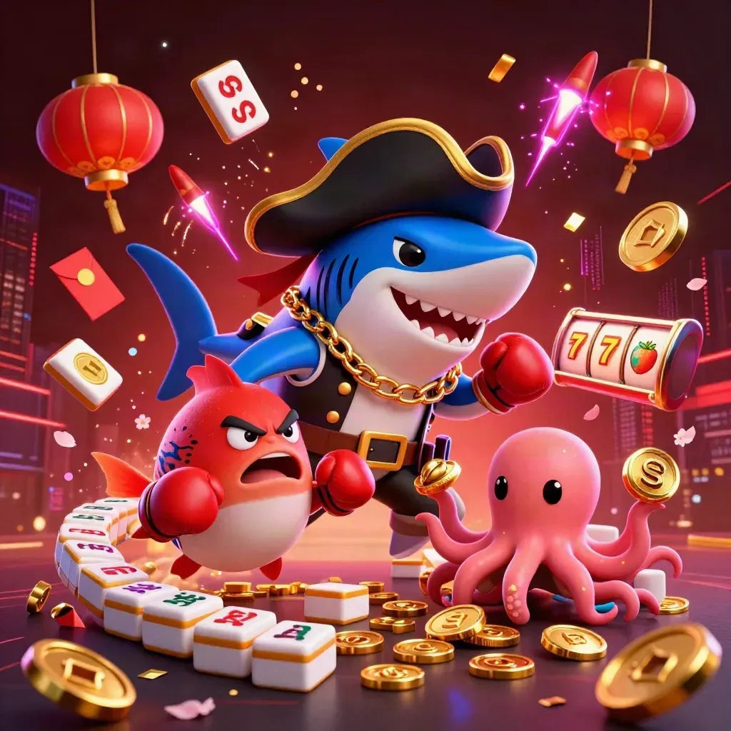 Pirate shark, boxing pufferfish, and coin-juggling octopus burst amid neon casino treasure.