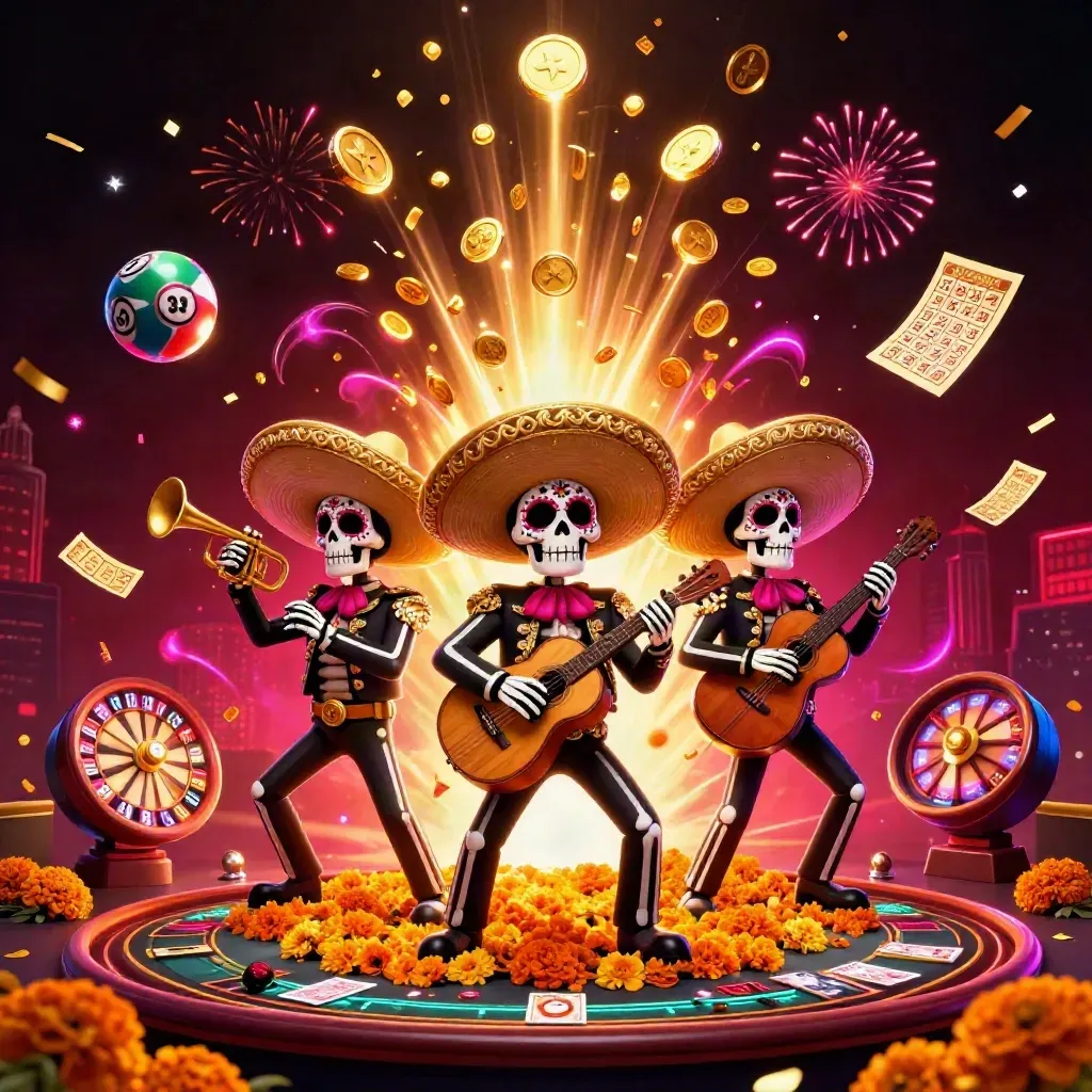 Skeleton mariachi trio amid gold coins, fireworks, neon casino chaos and prize wheels