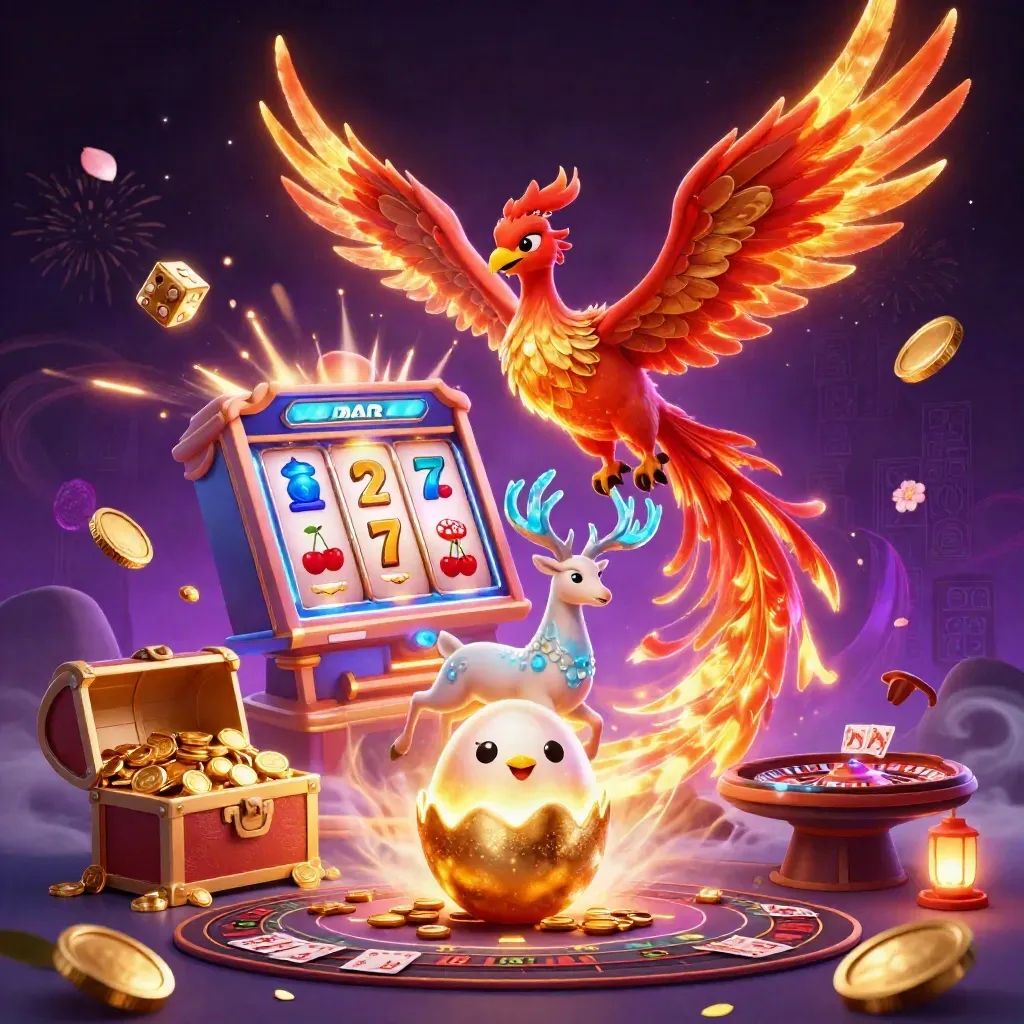 Phoenix, stag, and baby phoenix burst from treasure with neon casino symbols.