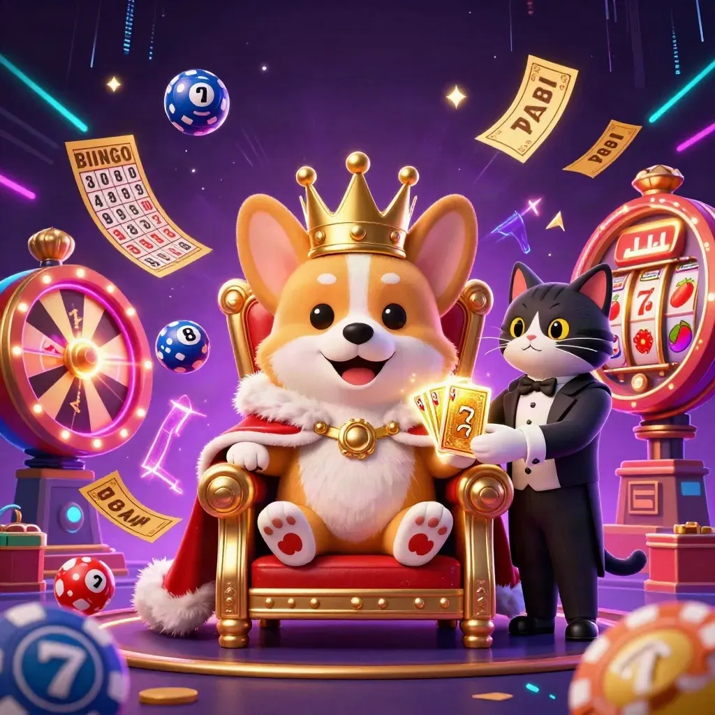 Royal corgi and cat butler on poker chips amid neon casino bursts, reels, tickets, and magic energy.