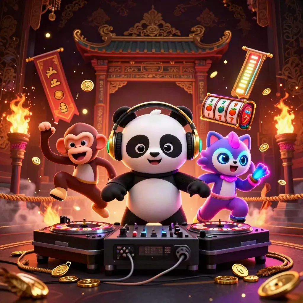 3D panda DJ, dancing monkey and neon kitten amid casino reels and fire-lit temple gates